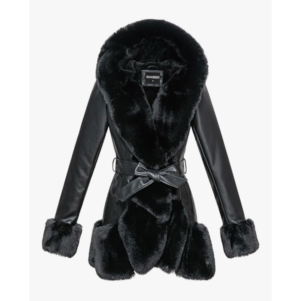 Black Faux Leather Jacket with Faux Fur Trim